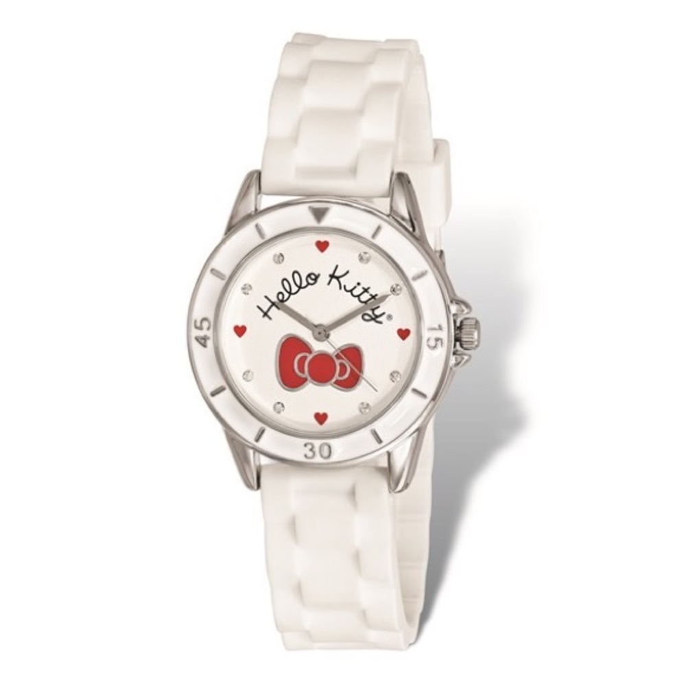 Hello Kitty Silver Color with Red Bow White Silicone Strap Watch